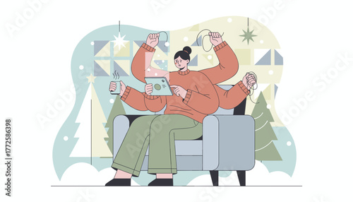 Multitasking woman handles tablet and holiday stress indoors during winter