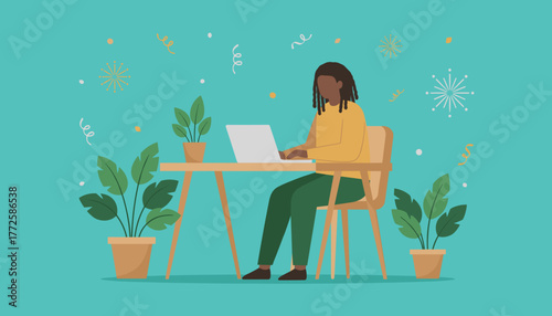 Black person works on laptop remotely at a festive home office desk with plants Success concept
