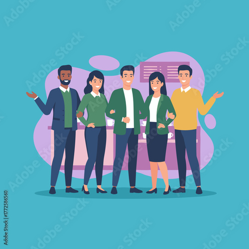 Diverse smiling business team standing together in the office breakroom symbolizing collaboration and partnership