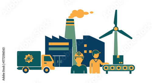 Factory production process showing industry sustainable energy and logistics