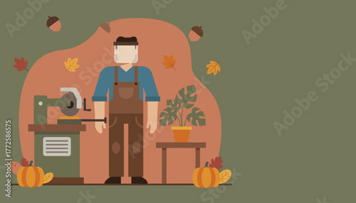 Professional craftsman operating workshop machinery celebrating skilled labor and the autumn season