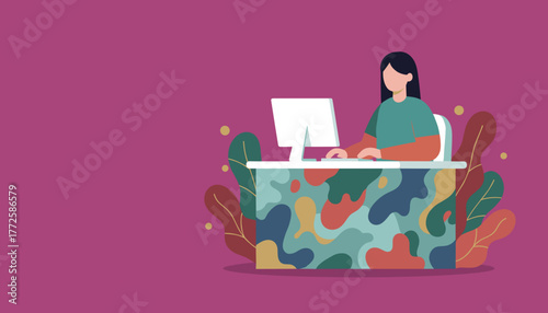 A female professional works on her computer at a stylish illustrated desk Remote work concept