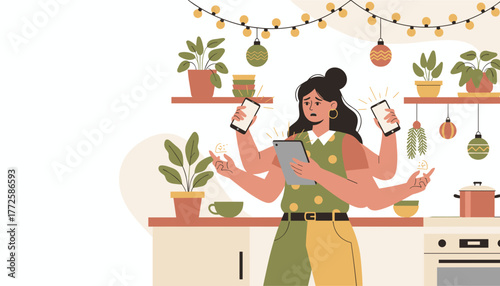 Stressed woman multitasking in kitchen juggling smartphone tablet and home responsibilities