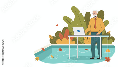 Senior professional working remotely on laptop by pool fall scenery illustrates flexible work