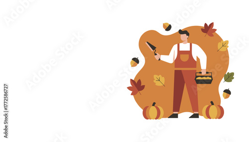 Gardener working during autumn harvest season with pumpkins leaves and tools