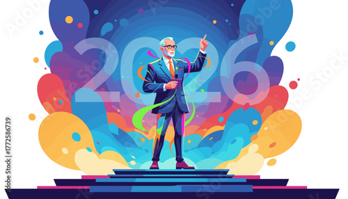 Elderly leader presenting 2026 vision on stage with vibrant abstract background