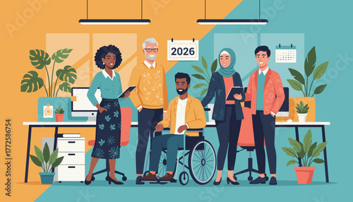 Diverse inclusive office team smiling Collaboration equity and business success in 2026