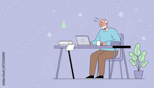Senior man stressed working remotely on laptop during winter holidays Deadline pressure