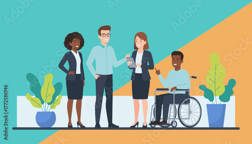 Diverse business team collaborating including a wheelchair user Equality and workplace inclusion
