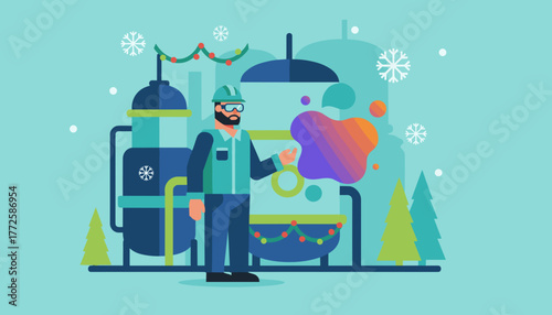 Holiday work concept Engineer manages plant operations during Christmas season