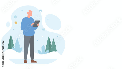 Senior man using tablet outdoors in a stylized winter landscape technology and retirement concept