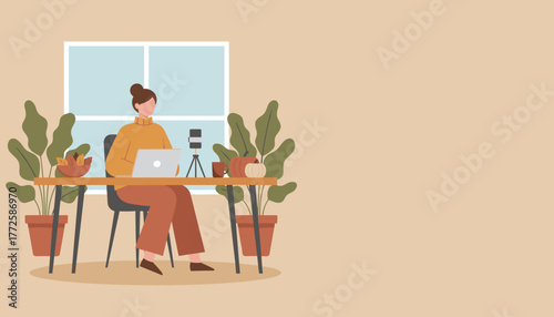 Fall home office setup Woman works on laptop with pumpkins and plants Remote work and vlogging