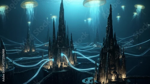 Underwater City of the Deep Sea with Bioluminescent Jellyfish