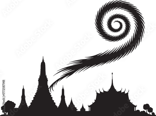 Thailand Dark Bangkok City Scape Skyline with Tornado Swirl Shape Silhouette