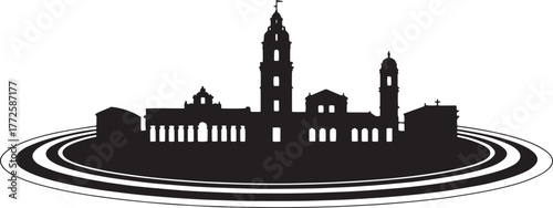 Urban Landmark With Spacecraft Orbiting Skyline Minimal Silhouette Vector Scene Template