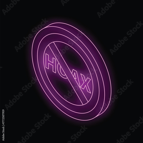 Glowing purple neon sign showing the word hoax crossed out, representing the fight against misinformation