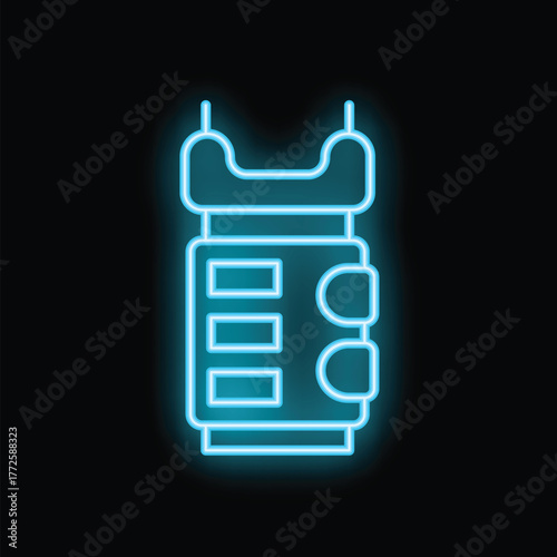 Glowing blue neon sign of a taser gun on a black background