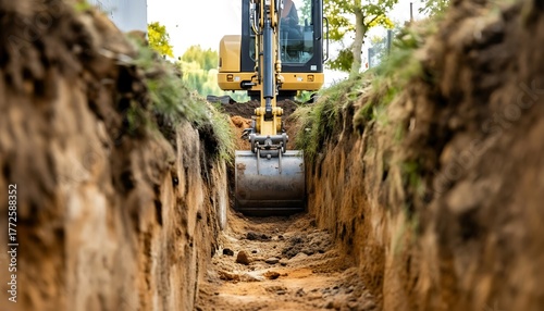 Excavator digging trench on construction site