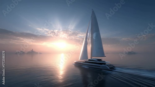 Futuristic Sailing Ship Sailing on the Sea