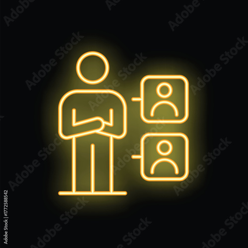 Yellow neon icon of hr manager choosing candidate from group of applicants