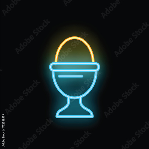 Neon icon of egg in egg cup glowing on black background, great for breakfast and food themes