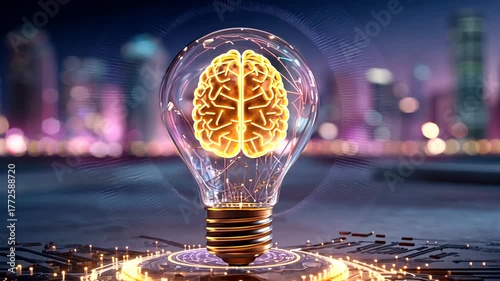 Glowing brain in lightbulb on circuit board with blurred city lights at night