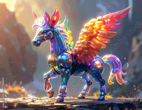 【2026年 午年】光る虹色の翼を持つメカニカルペガサス、未来とファンタジーの年賀状素材