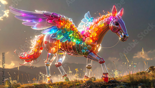 【2026年 午年】光る虹色の翼を持つメカニカルペガサス、未来とファンタジーの年賀状素材