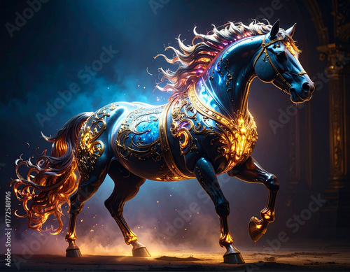 2026年 午年】豪華な装飾の馬のイラスト、青と金の光と幻想的な背景、年賀状・新年の縁起物