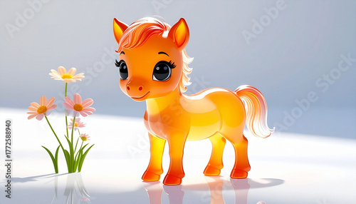 【2026年 午年】可愛い馬のフィギュアと花、オレンジ色の半透明な質感が特徴の年賀状素材