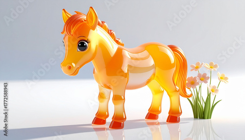 【2026年 午年】可愛い馬のフィギュアと花、オレンジ色の半透明な質感が特徴の年賀状素材2