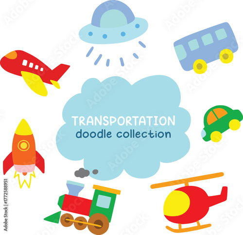 Cute transportation doodle illustration collection set. Vector cartoon clip art of bus, car, train, plane, rocket in bright color children style for book, asset, sticker