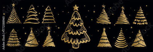 Christmas gold tree on black hand drawn illustrations.	
