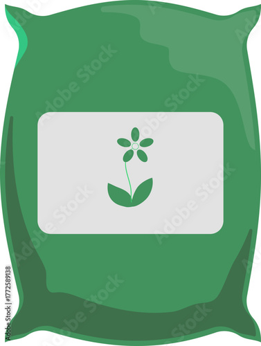 Green bag with flower icon. Fertilizer, plant food, or seed package illustration for gardening and agriculture.