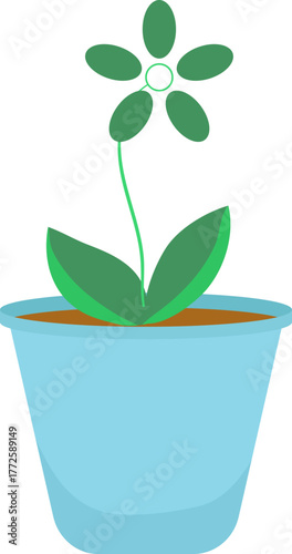 Simple green plant in blue pot illustration. Flat design vector of houseplant, flower, or decorative flora on white background.