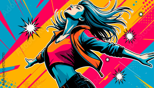 Dynamic pop art illustration of a woman in motion — vibrant comic-style explosion of color, freedom, and confidence.