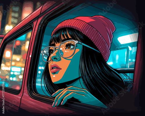 Neon pop art portrait of a woman in a car at night — cinematic city lights, reflection, and dreamy urban mood.