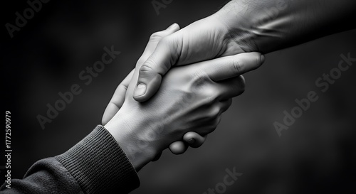 Handshake Between Two People in Black and White with Focus on Hands and Fingers