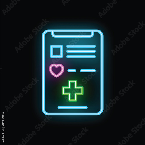 Glowing neon icon representing a mobile phone displaying medical information, ideal for showcasing telehealth and digital health concepts