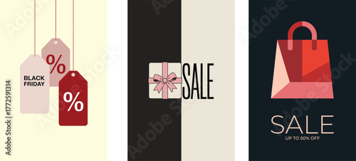 Modern sale and discount poster collection featuring pink shopping bag, tags, and gift box with minimalist typography, elegant vector design for seasonal promotions
