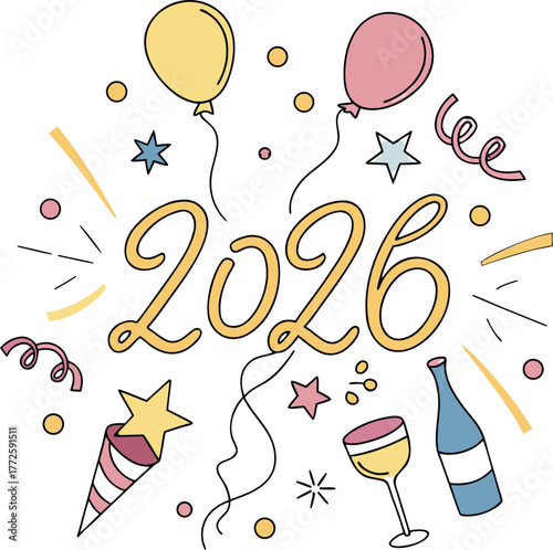 Cheerful 2026 new year doodle with balloon and confetti isolated on white background