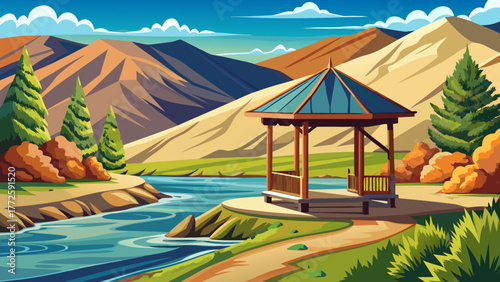 Very beautiful small gazebo along the Wenatchee River at Wenatchee River County Park in Monitor, Washington, USA, surrounded by high desert scenery, calm river waters, and golden grasslands under clea