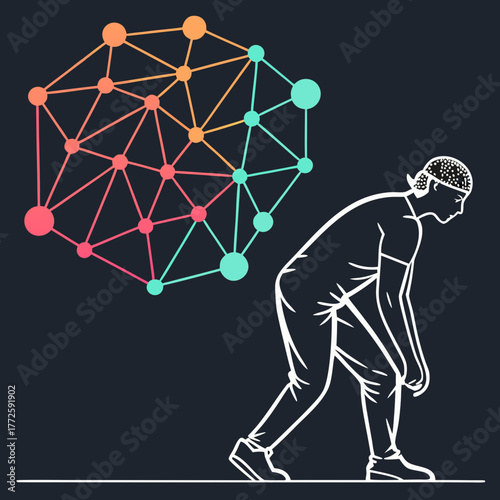 A person bent over with a colorful abstract network structure resembling a brain or data cloud floating above them symbolizing knowledge or information overload