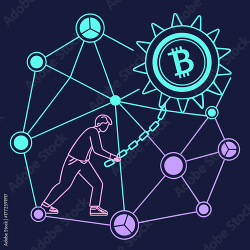 A person pulling a chain connected to a bitcoin symbol within a glowing network structure representing cryptocurrency mining and digital finance