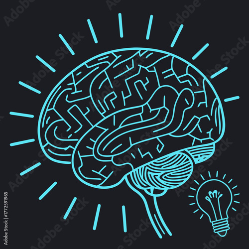 A stylized glowing blue line drawing of a human brain with radiating lines symbolizing ideas and a lightbulb representing inspiration on a dark background