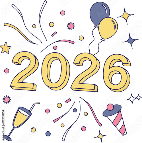 Stylish 2026 new year doodle with balloon and confetti isolated on white background
