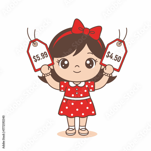 Cute cartoon girl in a red polka dot dress holding price tags.
