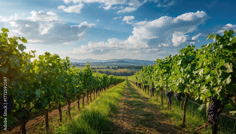 Naklejka premium Alleyways weaving through the vineyard beneath a clear sky, seasonal change