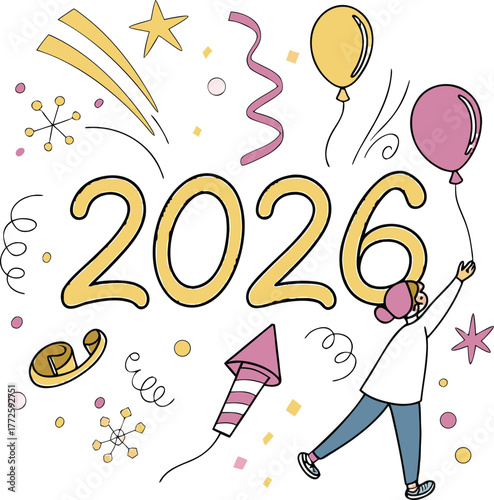 Excited 2026 new year celebration with balloons isolated on white background