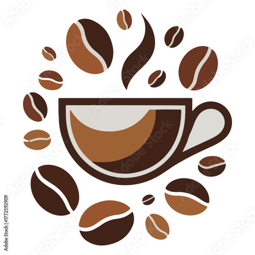 Steaming coffee cup with pastry and beans on saucer vector.